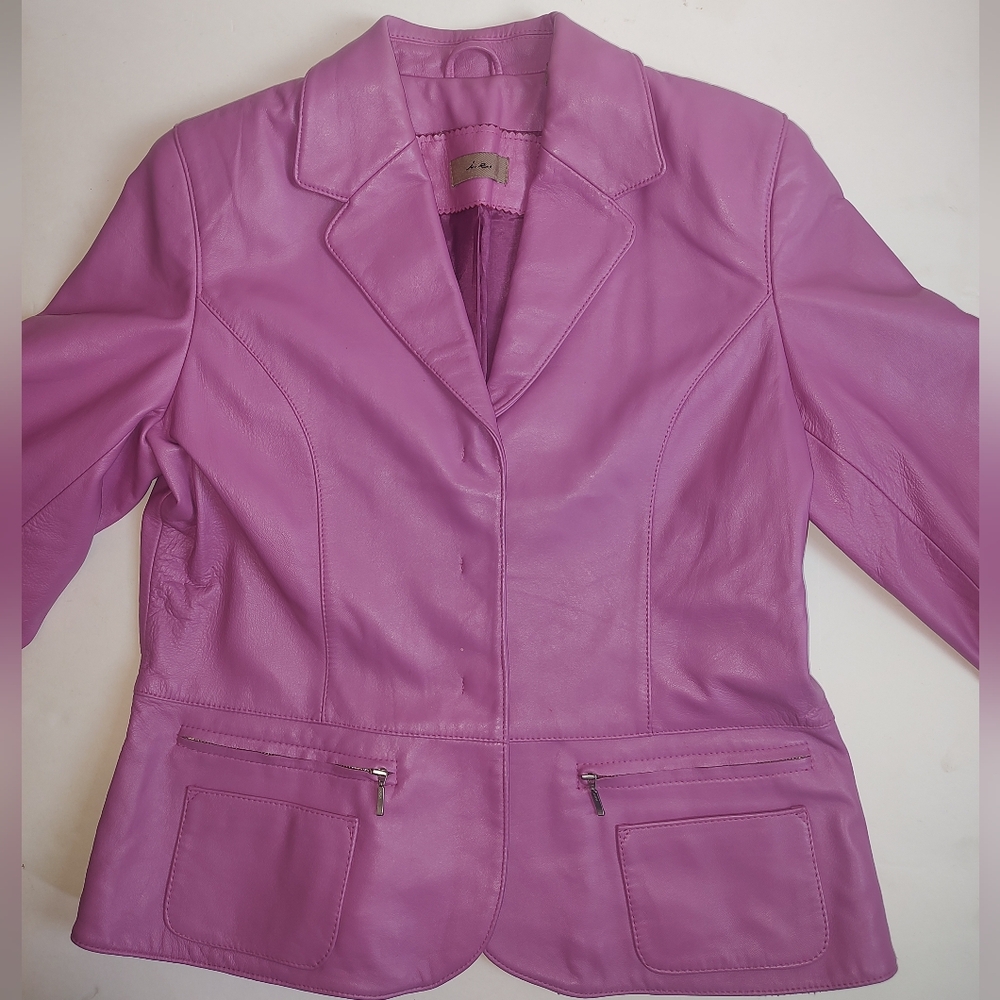 I. E. Leather Blazer Jacket i.e. Pockets Lilac Pink Fitted Lined Snap Size M Zip